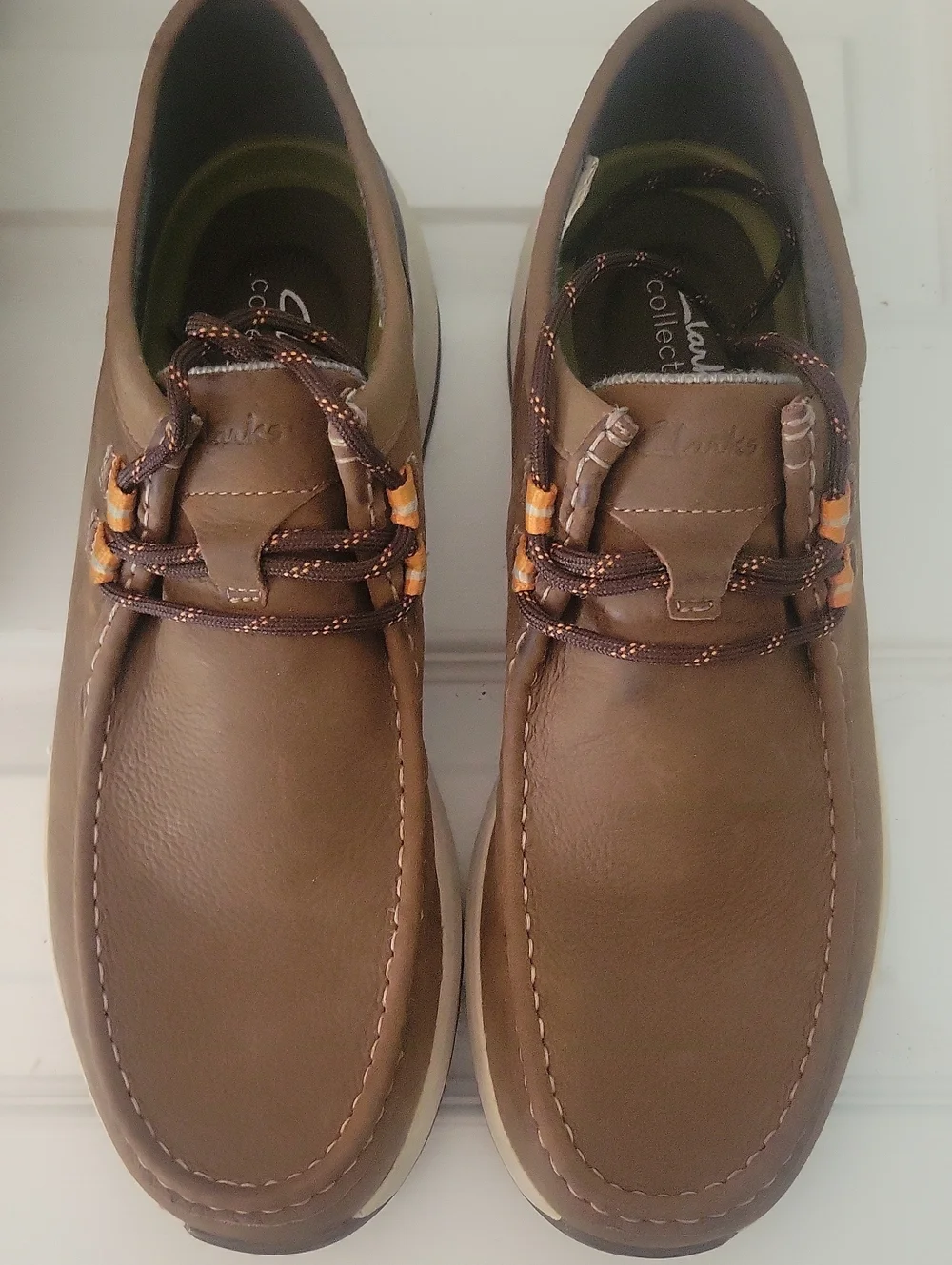 Clarks Men's Brown Leather Boat Shoes with Orange Accents